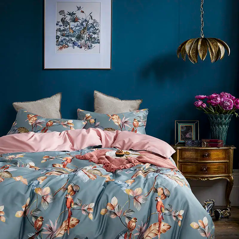 Parrot Poetry Bedding Set in Egyptian Cotton 500 Thread Count | Blue-Green