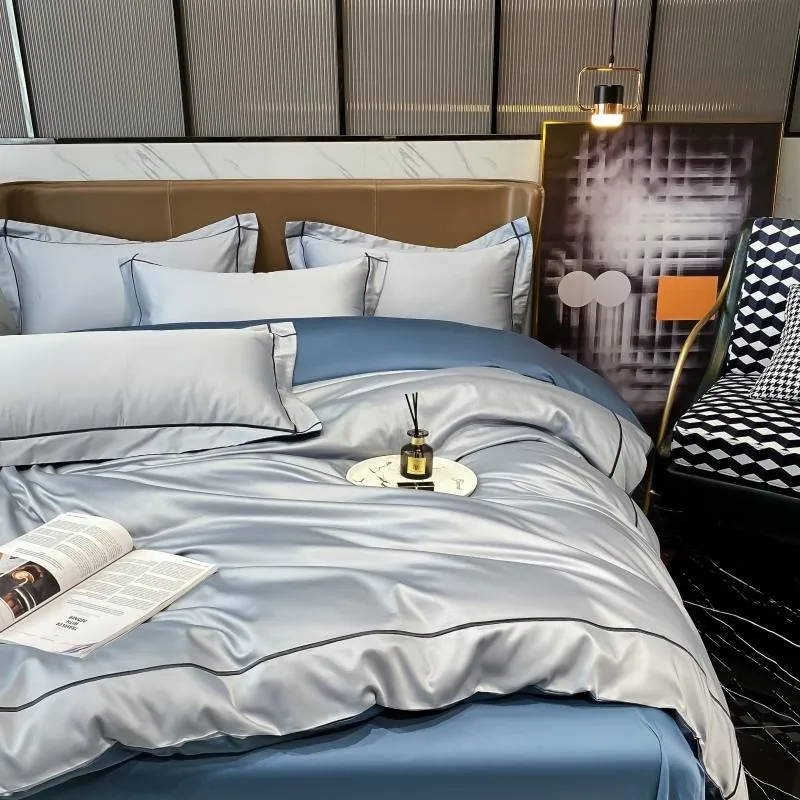 Elmsen Duvet Cover Set in Egyptian Cotton 600 Thread Count | Blue with Black