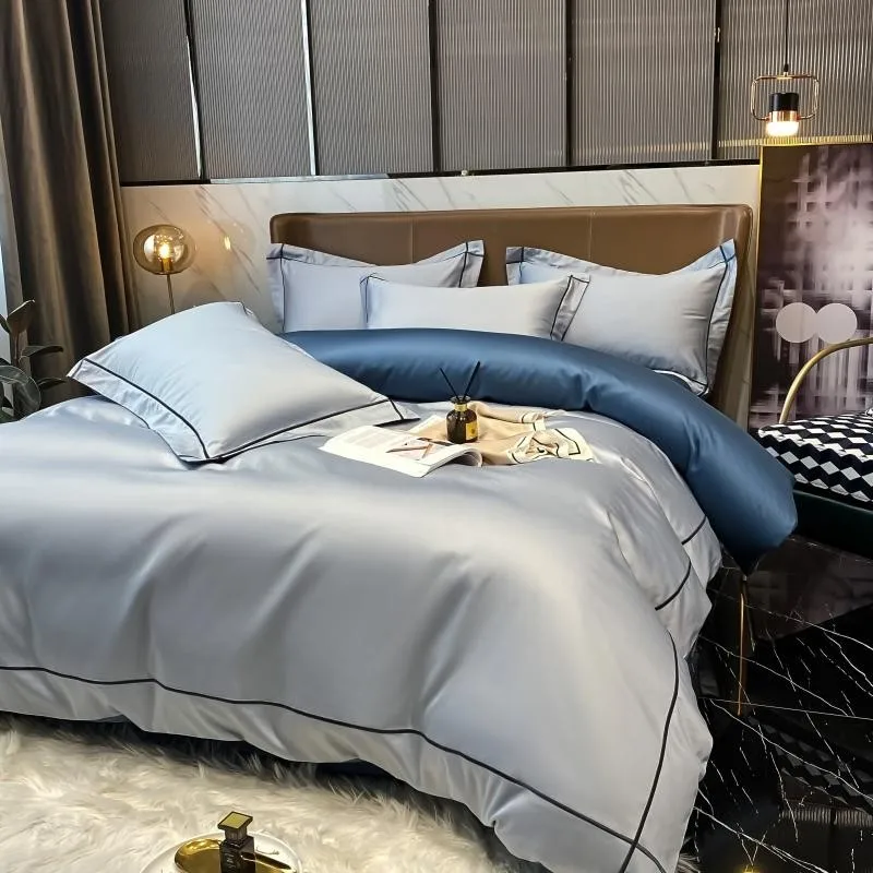 Elmsen Duvet Cover Set in Egyptian Cotton 600 Thread Count | Blue with Black