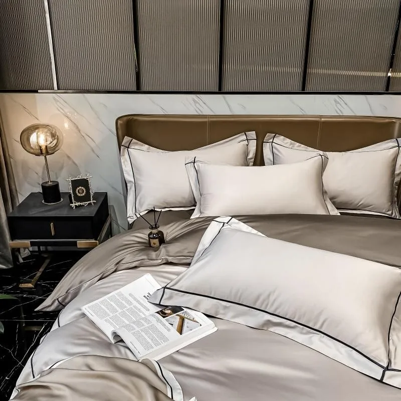 Elmsen Duvet Cover Set in Egyptian Cotton 600 Thread Count | Beige with Black