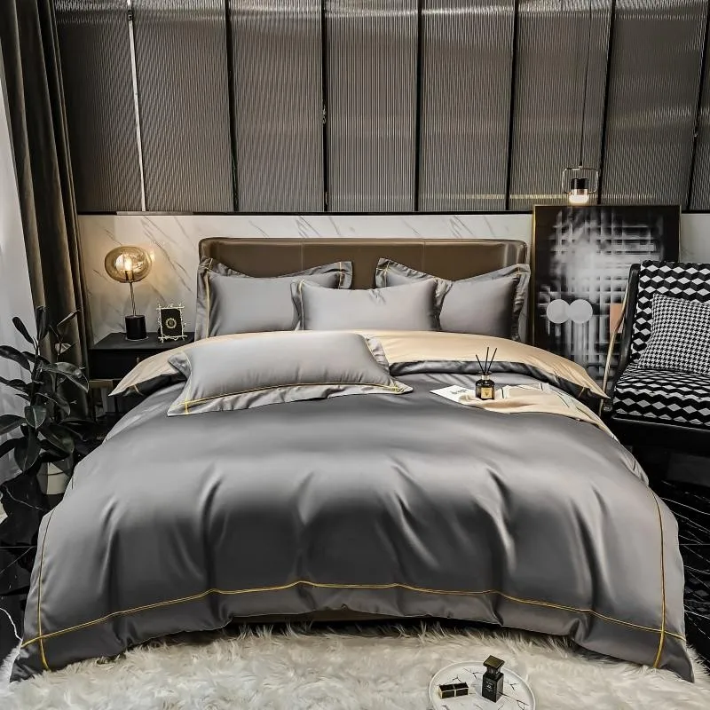 Elmsen duvet cover set made from Egyptian cotton, 600 thread count | Gray with gold