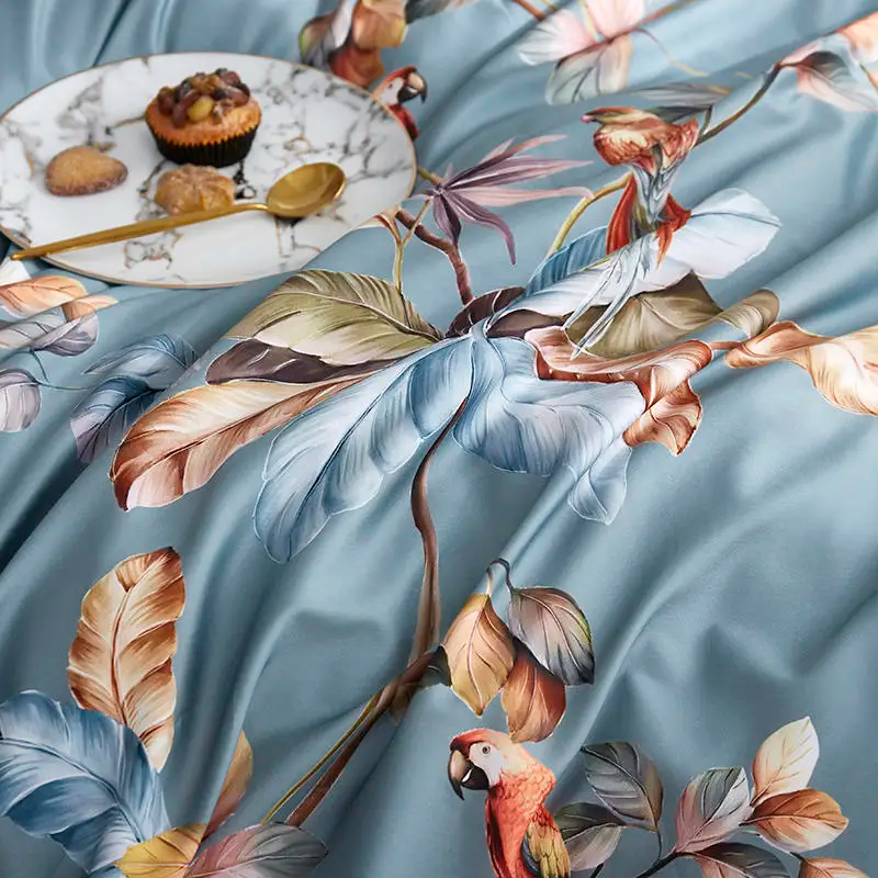 Parrot Poetry Bedding Set in Egyptian Cotton 500 Thread Count | Blue-Green