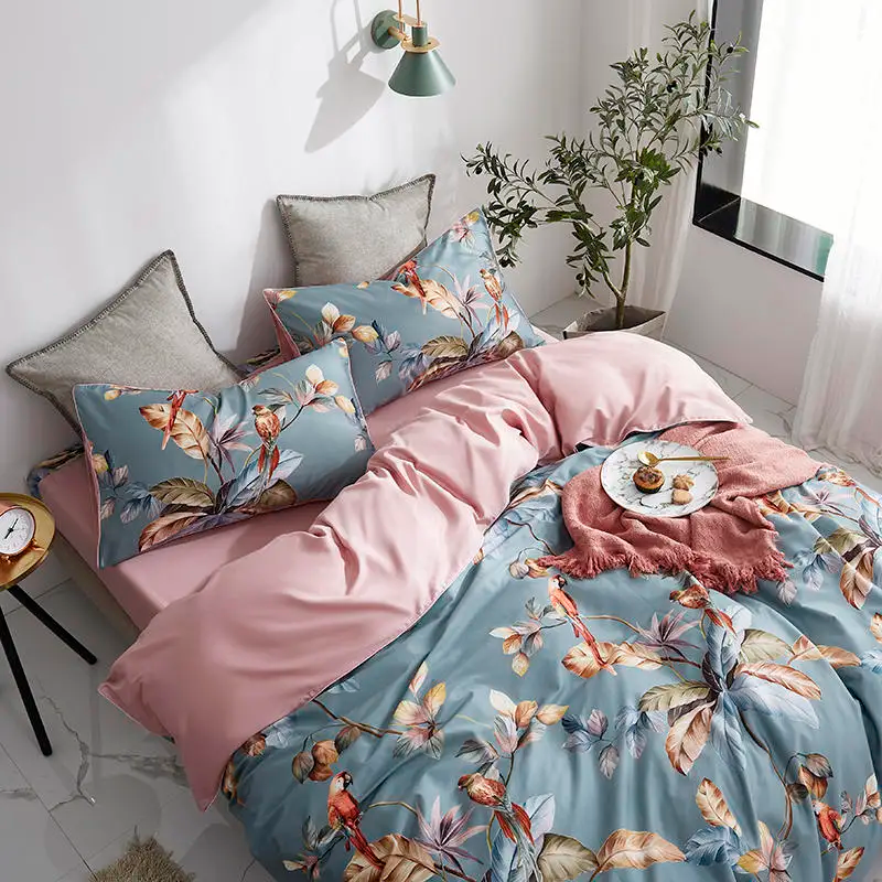 Parrot Poetry Bedding Set in Egyptian Cotton 500 Thread Count | Blue-Green