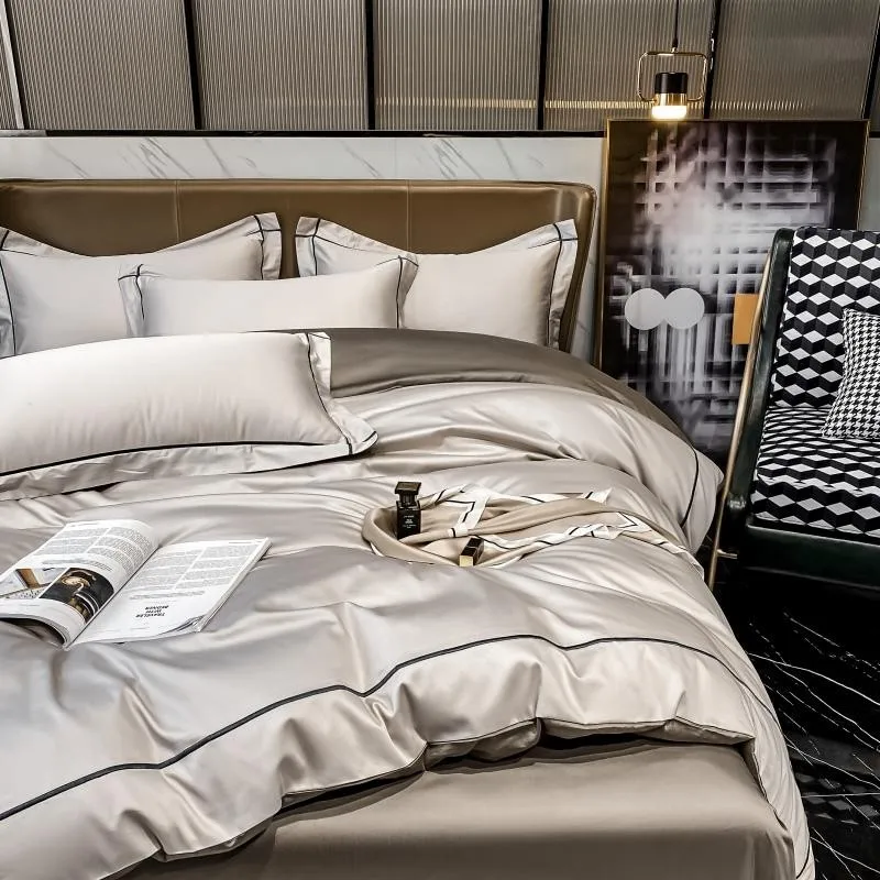 Elmsen Duvet Cover Set in Egyptian Cotton 600 Thread Count | Beige with Black