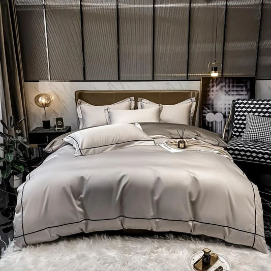 Elmsen Duvet Cover Set in Egyptian Cotton 600 Thread Count | Beige with Black