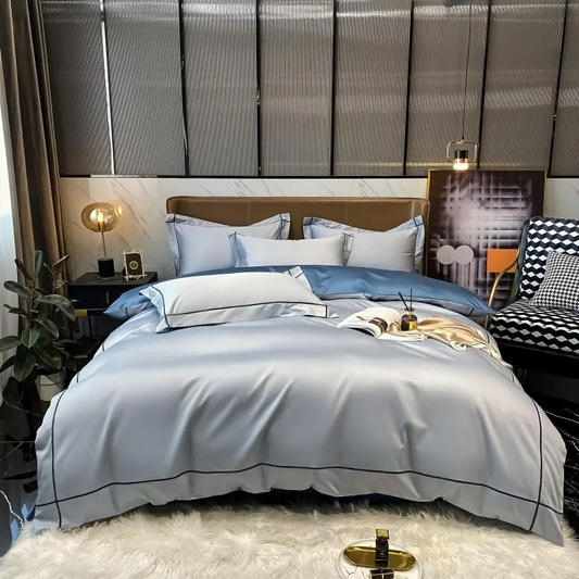 Elmsen Duvet Cover Set in Egyptian Cotton 600 Thread Count | Blue with Black