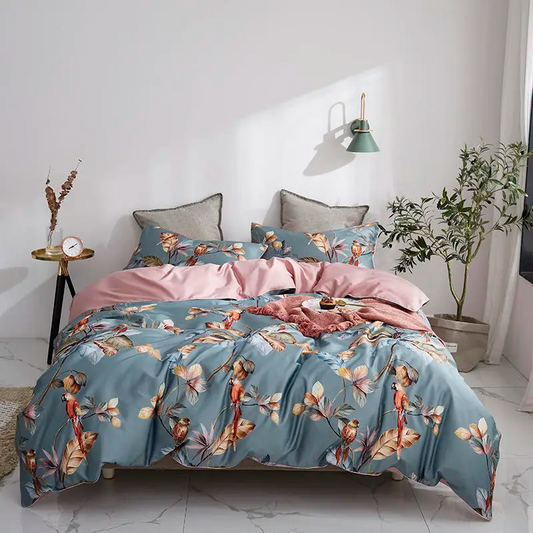 Parrot Poetry Bedding Set in Egyptian Cotton 500 Thread Count | Blue-Green