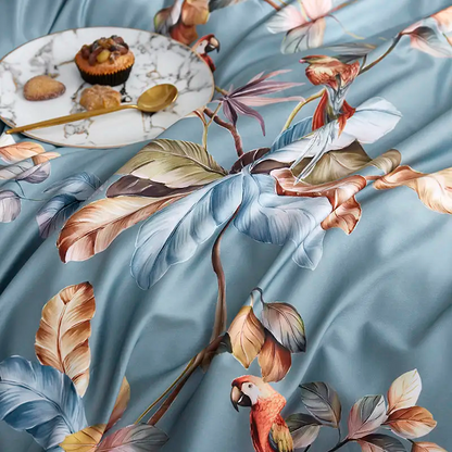 Parrot Poetry Bedding Set in Egyptian Cotton 500 Thread Count | Blue-Green